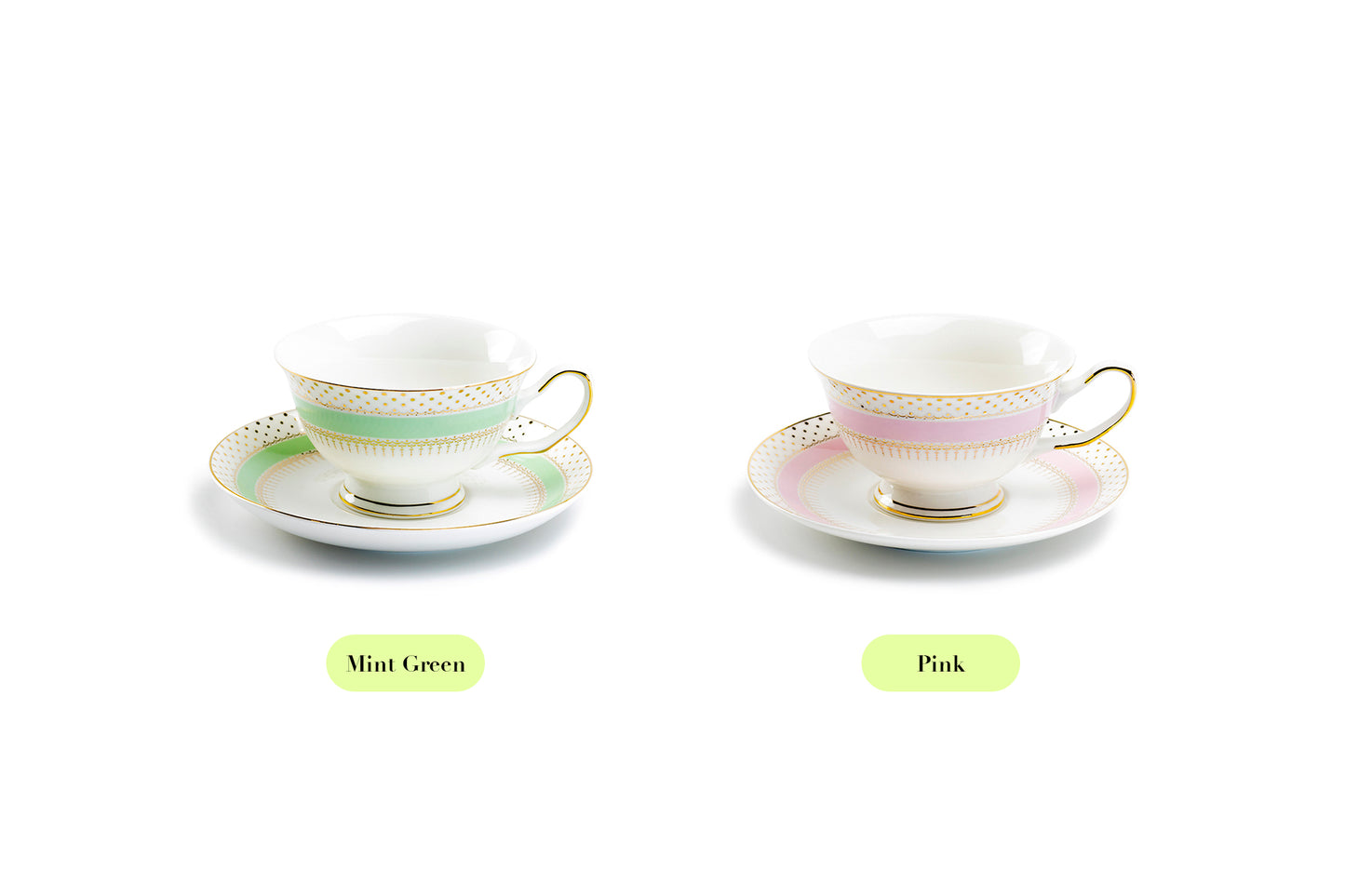 Mint Green Stripe with Gold Dots Fine Porcelain Tea Cup and Saucer