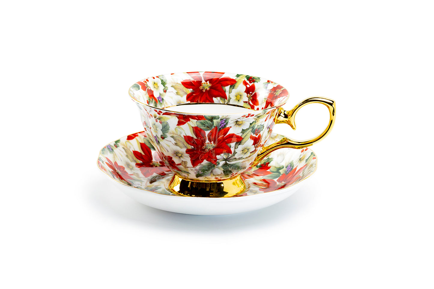 Poinsettia Chintz Gold Bone China Tea Cup and Saucer