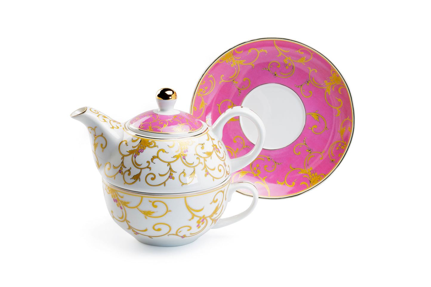 Pink Gold Scroll Fine Porcelain Tea For One Set