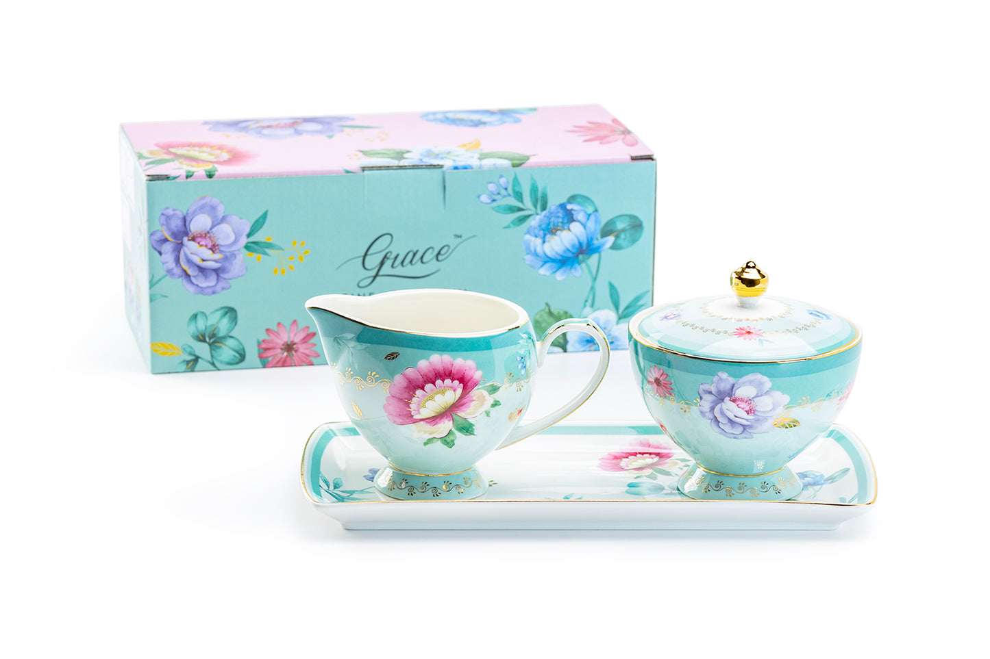 Mint Flower Garden Fine Porcelain Sugar Creamer & Serving Tray Set