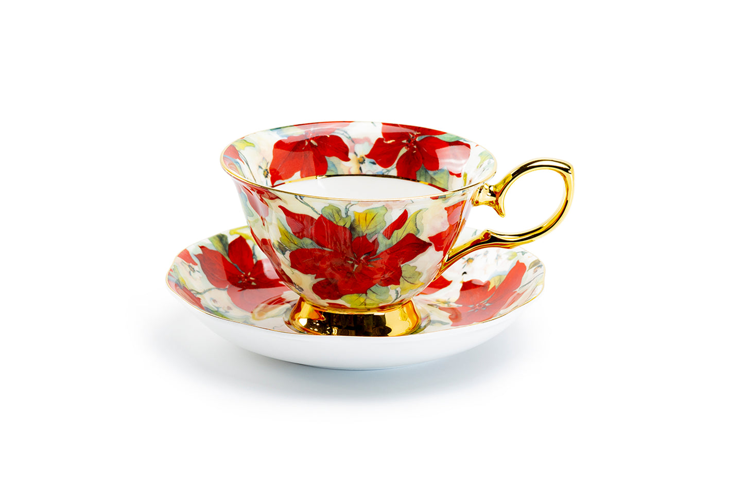 Poinsettia Gold Bone China Tea Cup and Saucer