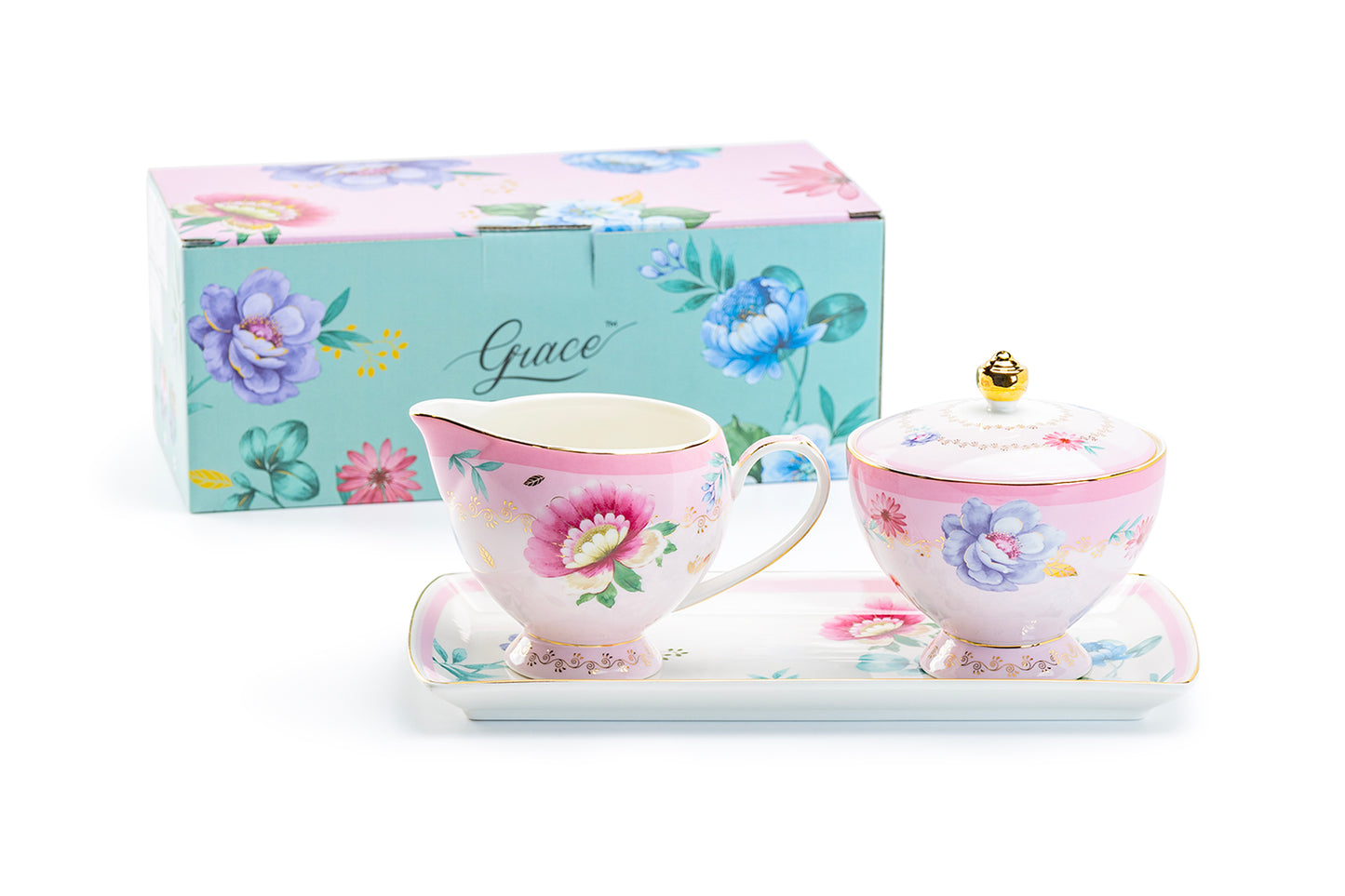 Pink Flower Garden Fine Porcelain Sugar Creamer & Serving Tray Set