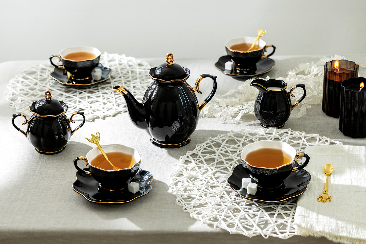 Black Gold Scallop Fine Porcelain Tea Set