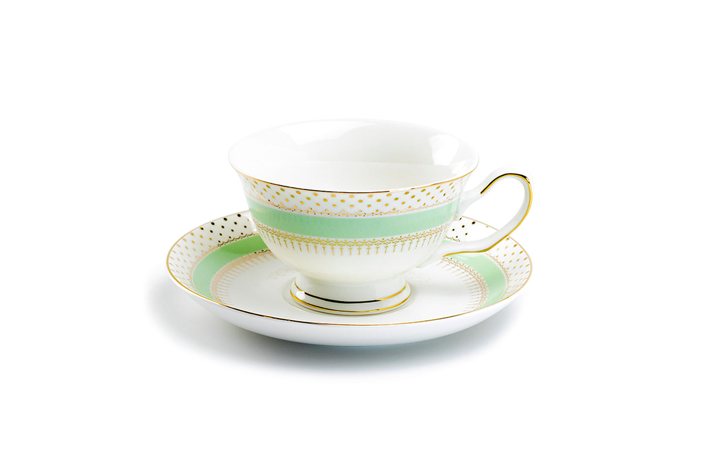 Mint Green Stripe with Gold Dots Fine Porcelain Tea Cup and Saucer