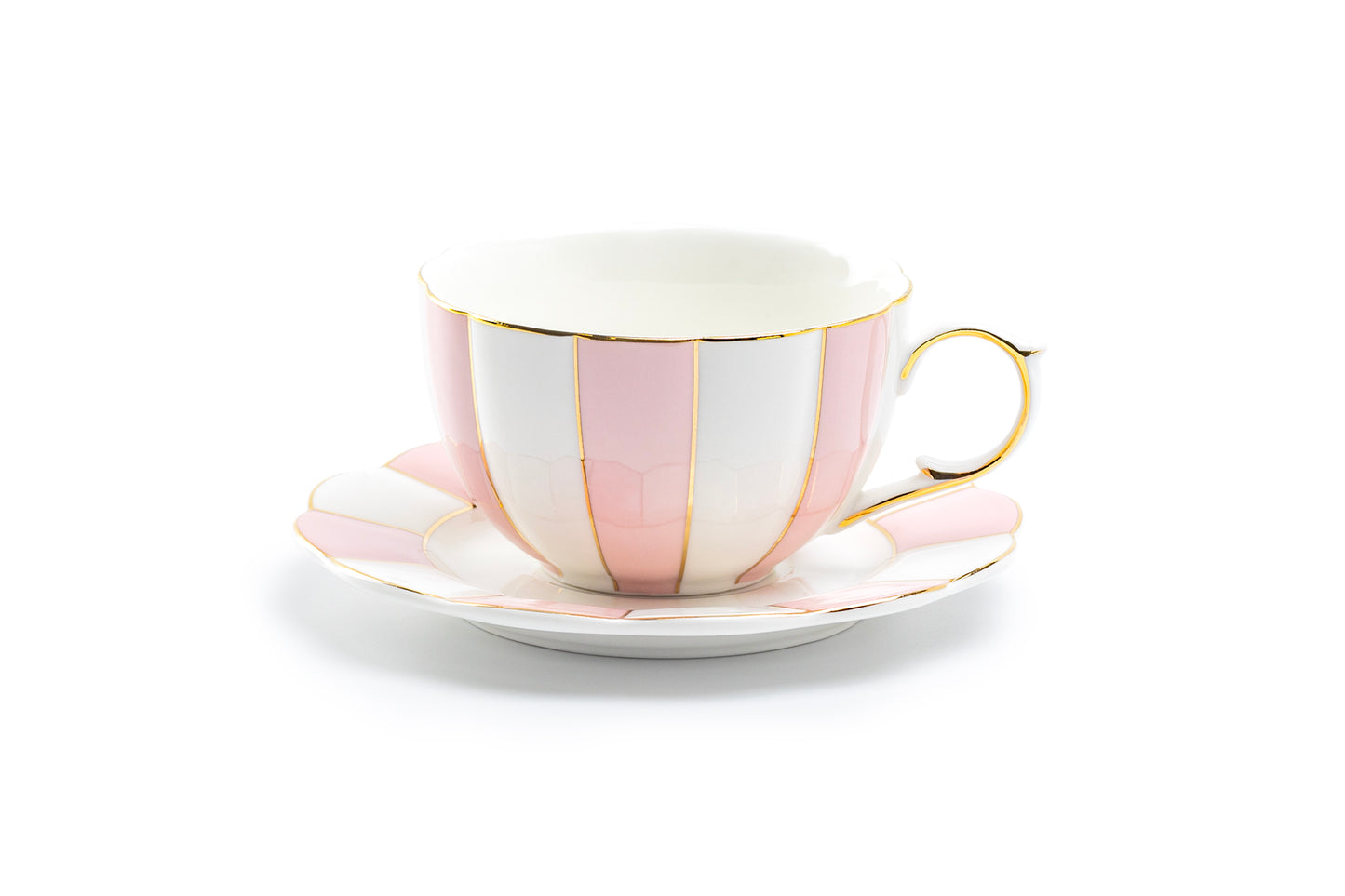 Pink and White Scallop Fine Porcelain Tea Cup and Saucer
