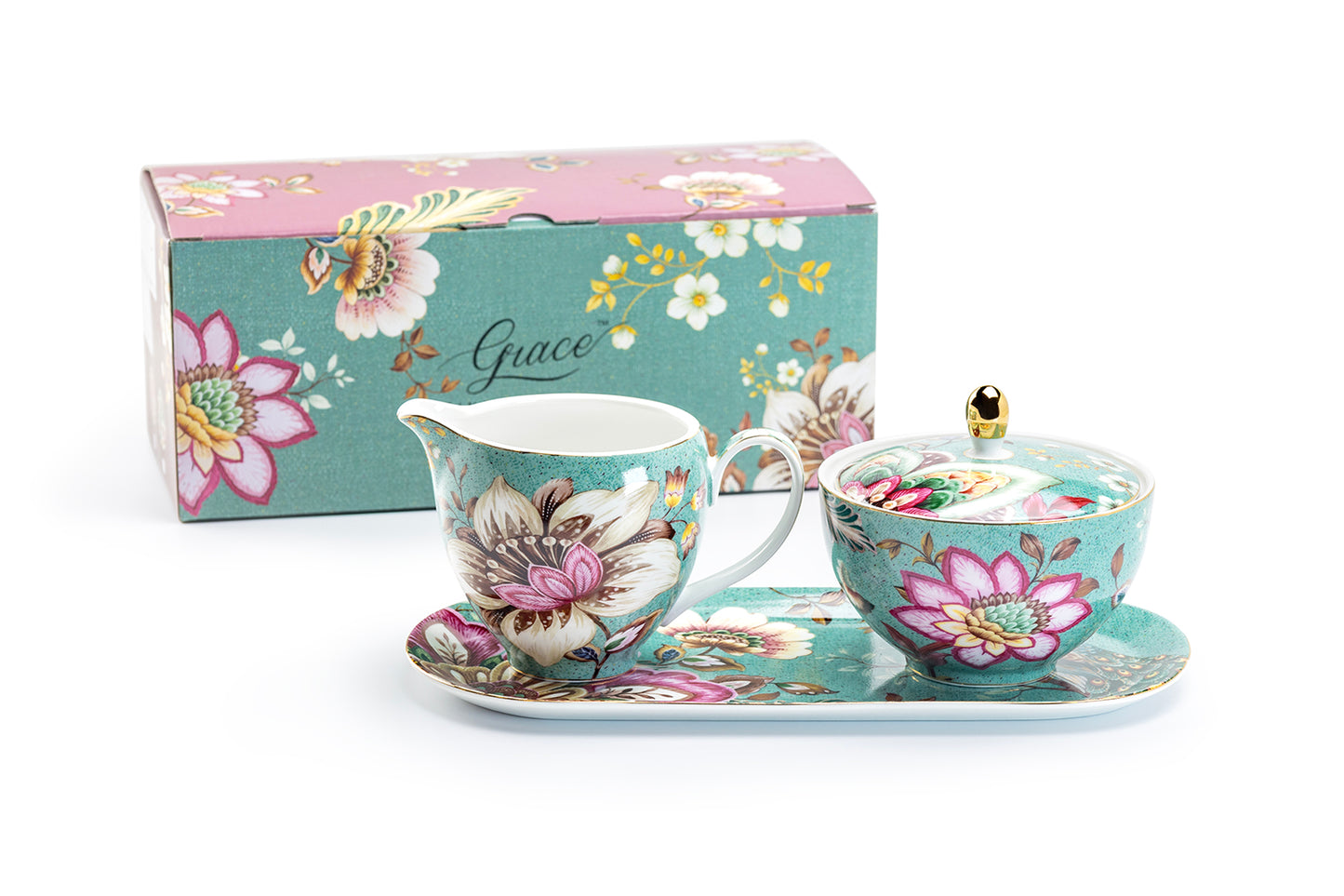 Gift Boxed Peacock Lotus Garden Green Fine Porcelain Sugar Creamer & Serving Tray Set