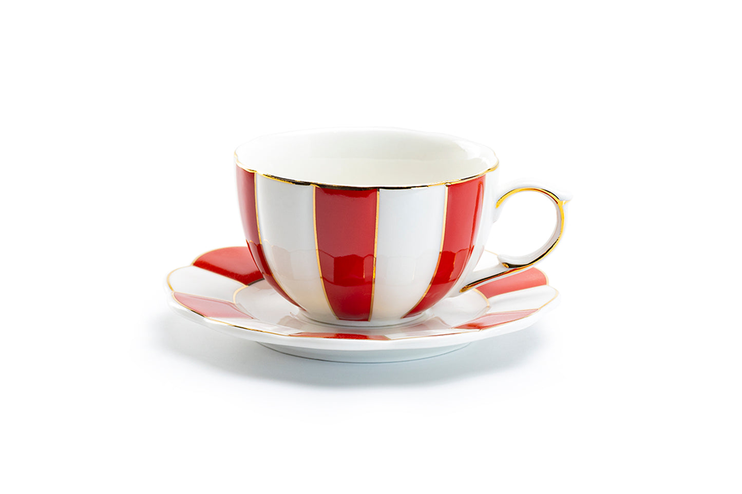 Red and White Scallop Fine Porcelain Tea Cup and Saucer