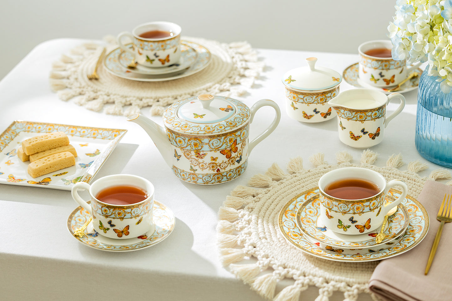Butterflies with Blue Ornament Fine Porcelain Tea Set