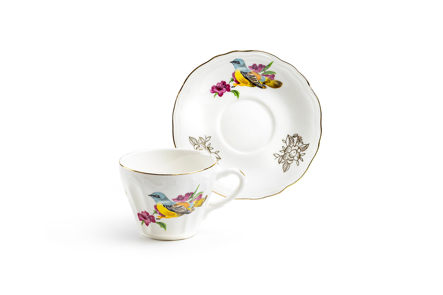 Spring Flowers with Bird Fine Porcelain Mini Tea Cup and Saucer