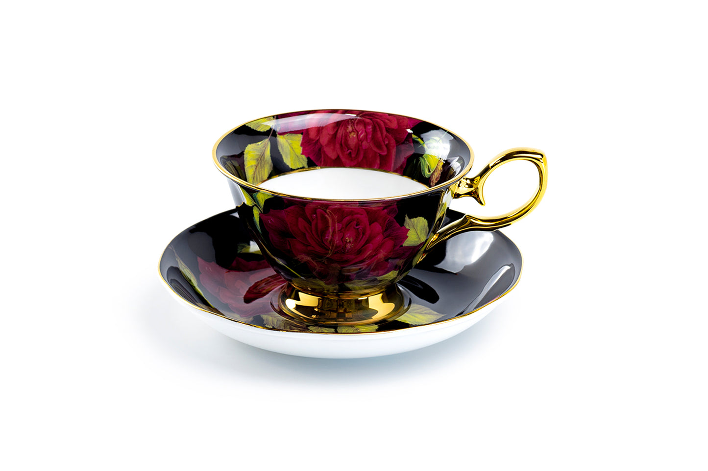 Gold Black Stem Rose Bone China Tea Cup and Saucer
