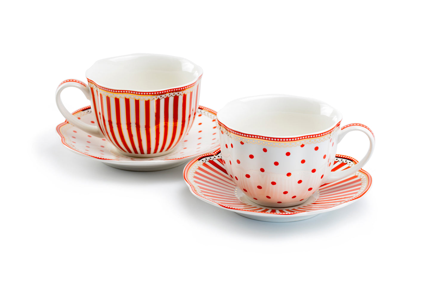 Red Josephine Stripes and Dots Fine Porcelain Cup and Saucer Set of 2