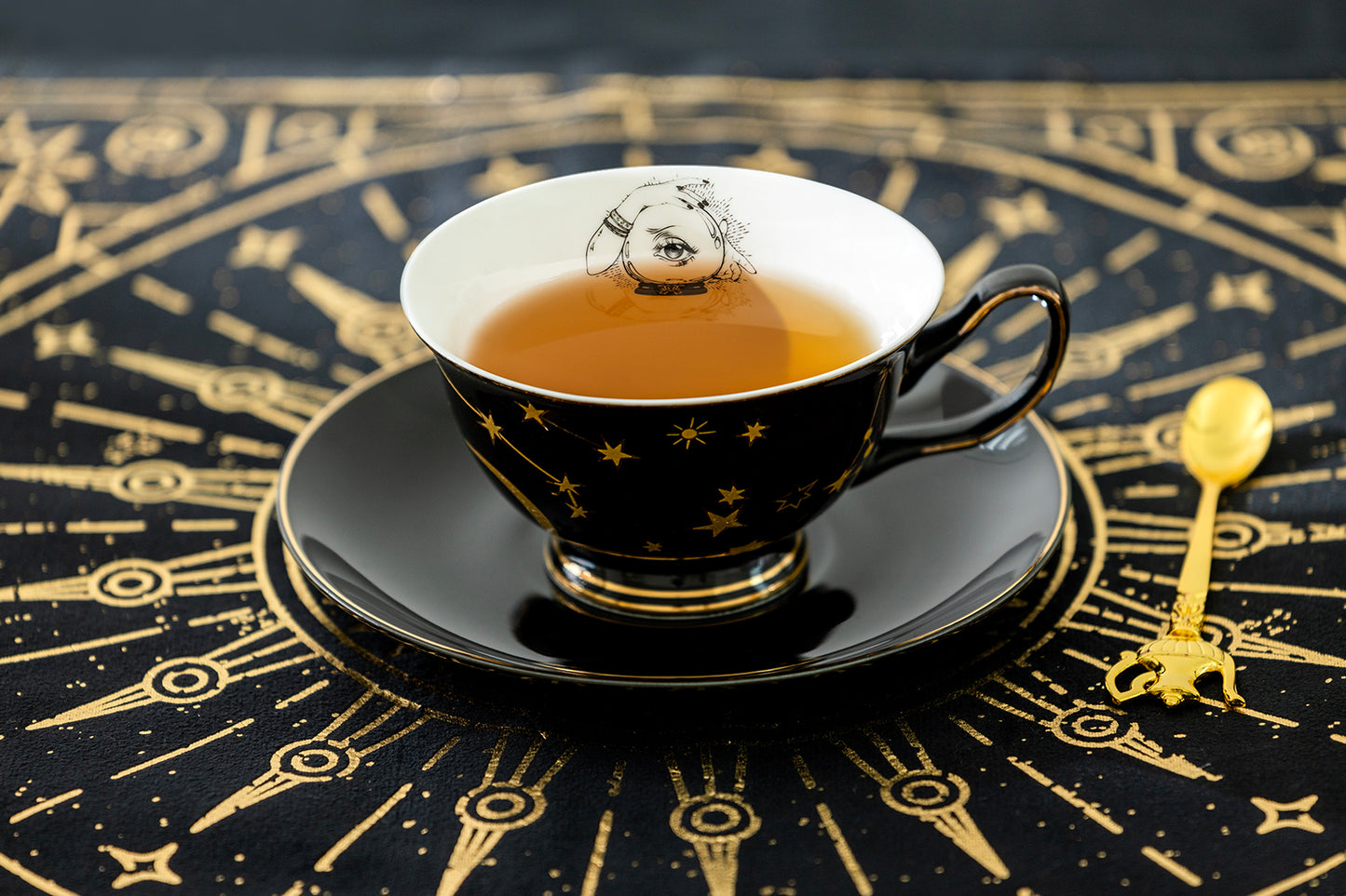 Witchy Crystal Ball Astrology Black Gold Tea Cup and Saucer