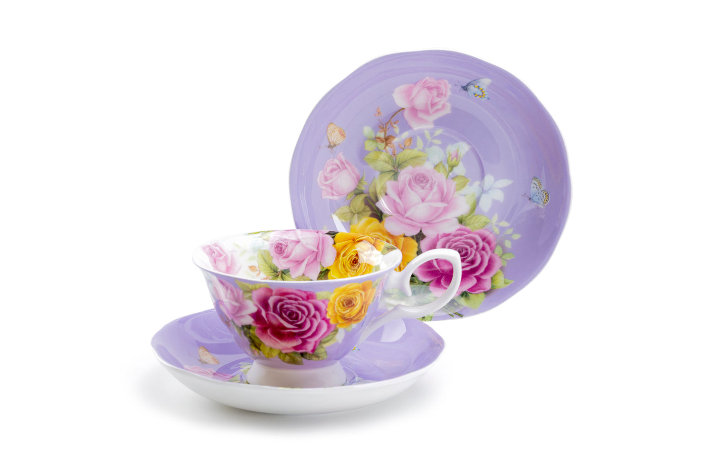 Rose Bouquet Purple Bone China Tea Cup and Saucer