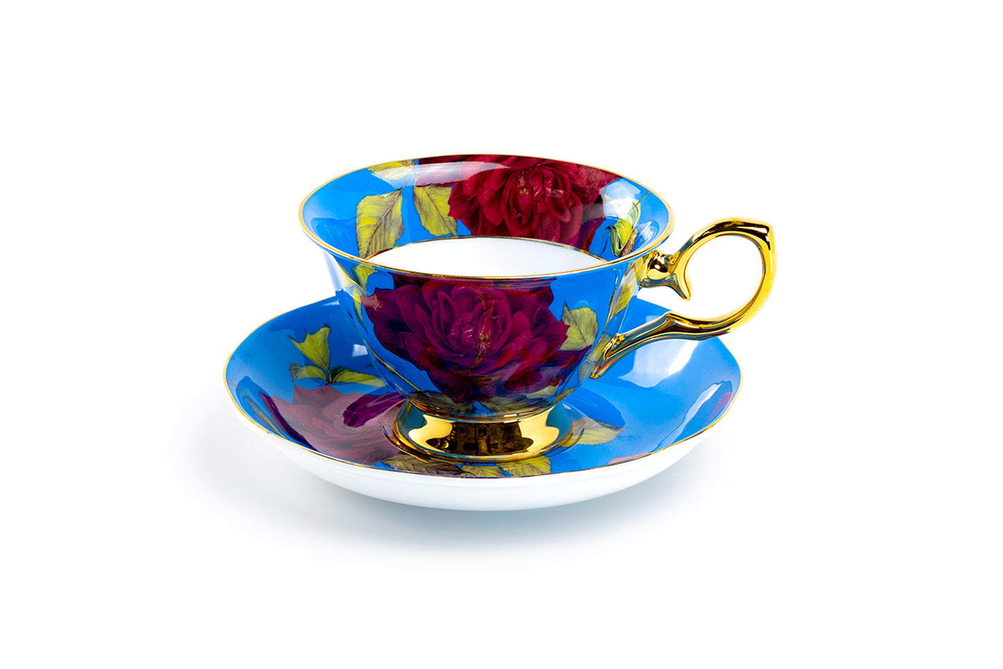 Gold Blue Stem Rose Bone China Tea Cup and Saucer