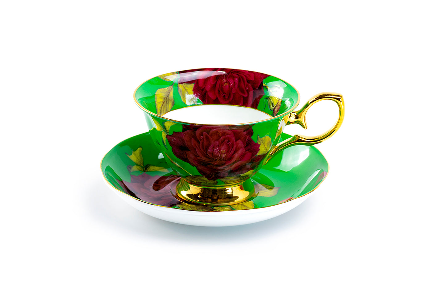 Gold Green Stem Rose Bone China Tea Cup and Saucer