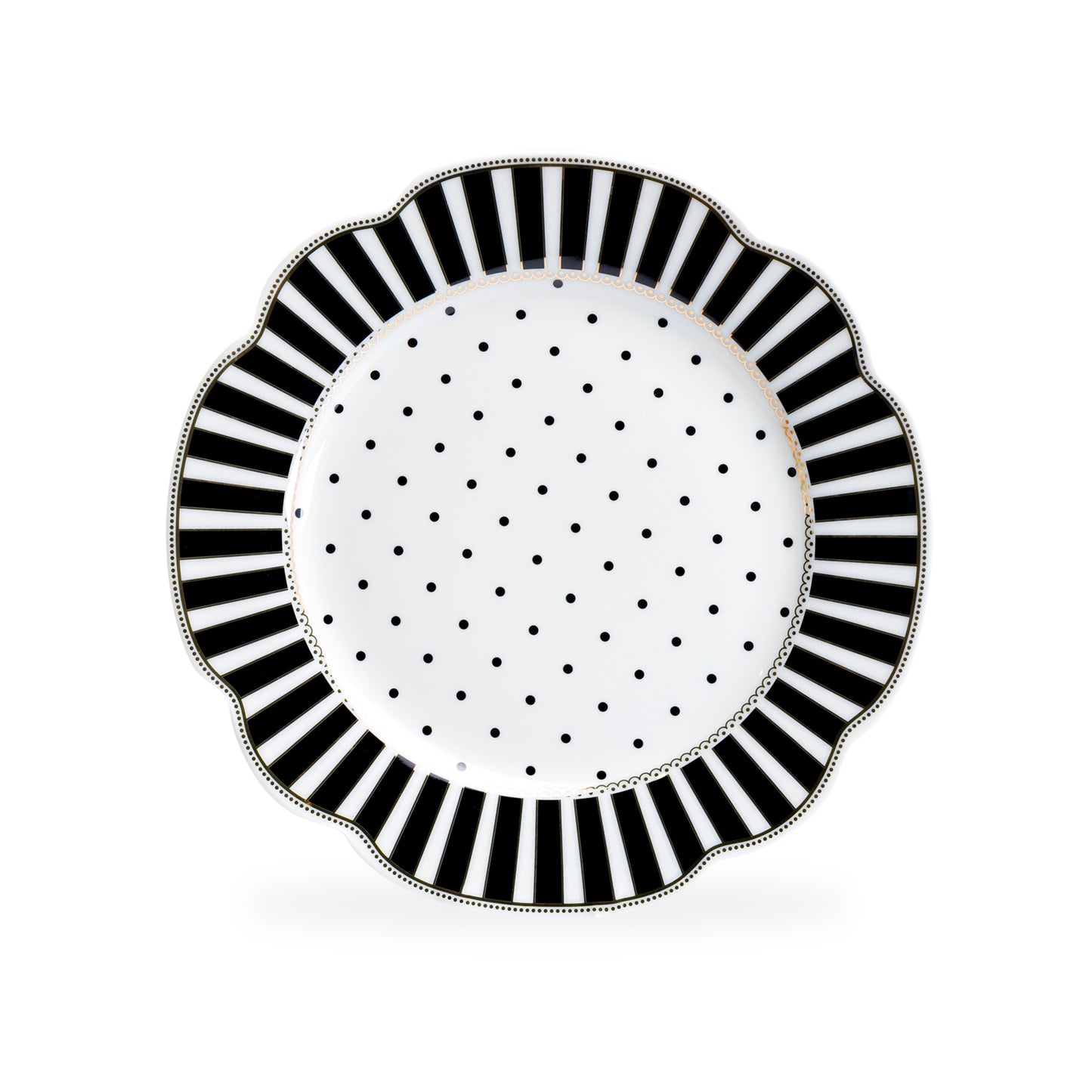 Black Josephine Stripes and Dots Scallop Fine Porcelain Dessert Plate