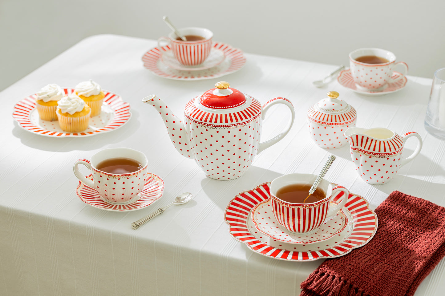Red Josephine Stripes and Dots Fine Porcelain Tea Set