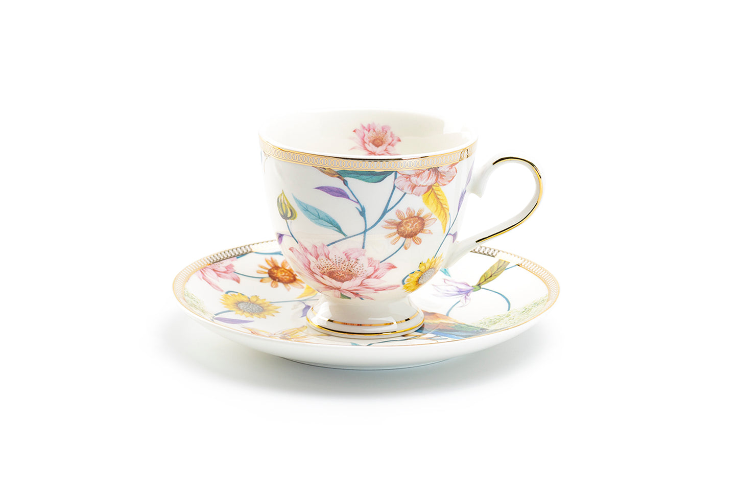 Spring Flowers with Hummingbird Fine Porcelain Tea Cup and Saucer
