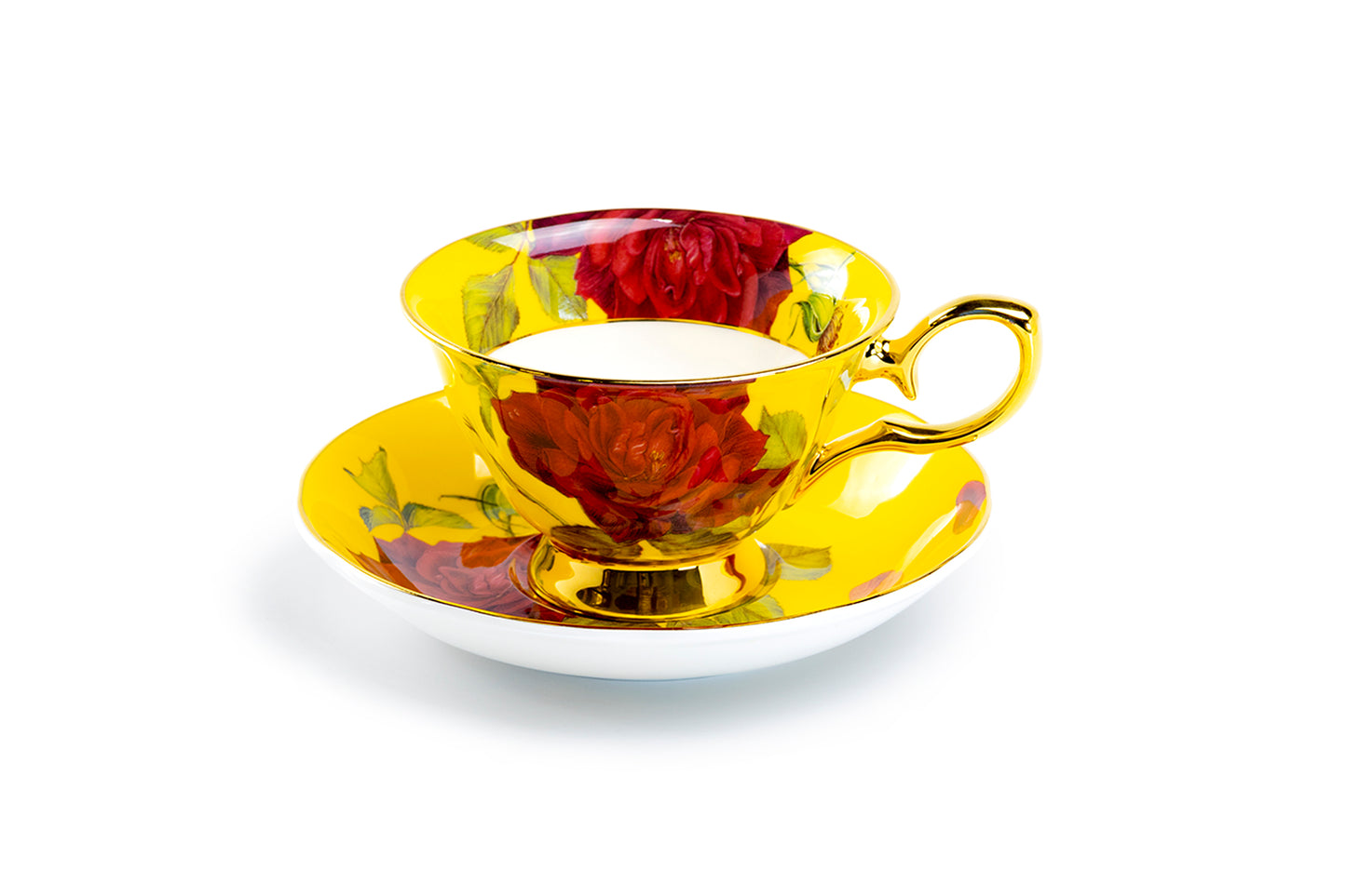 Gold Yellow Stem Rose Bone China Tea Cup and Saucer