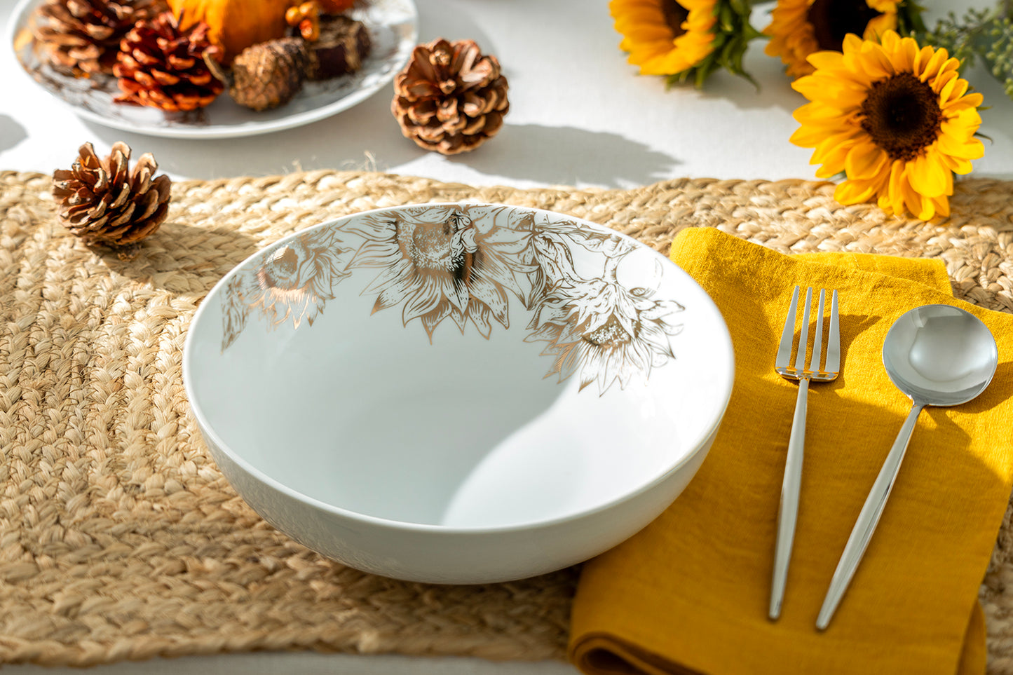 Gold Sunflowers Fine Porcelain Pasta Bowl