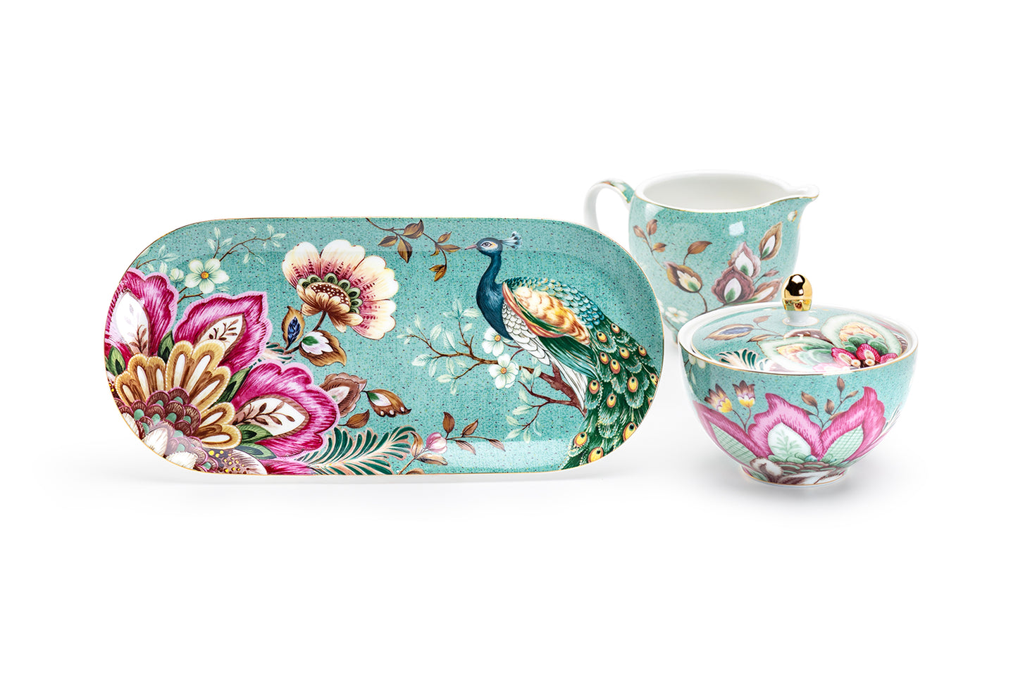 Gift Boxed Peacock Lotus Garden Green Fine Porcelain Sugar Creamer & Serving Tray Set