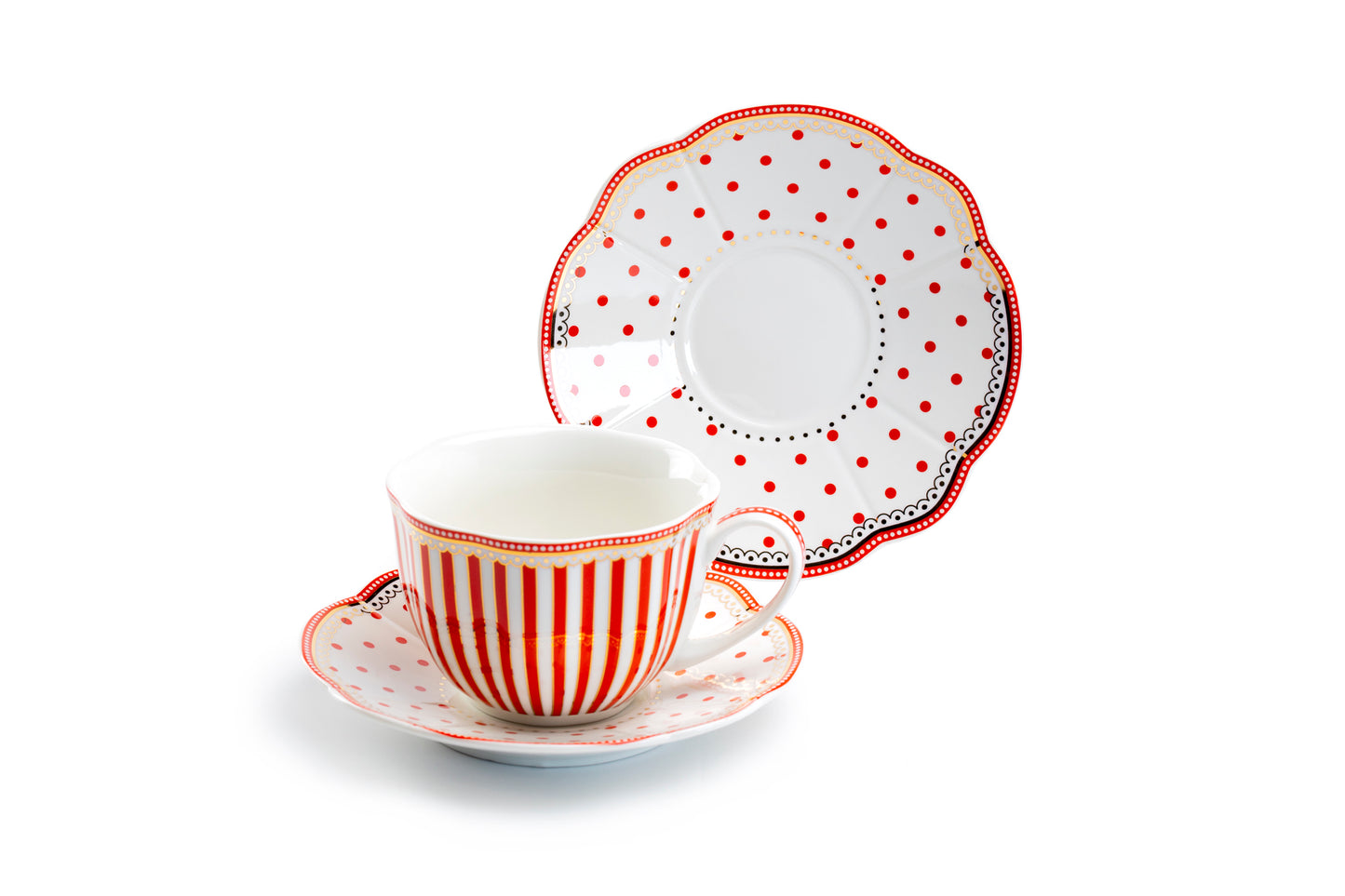 Red Josephine Stripes and Dots Fine Porcelain Cup and Saucer Set of 2
