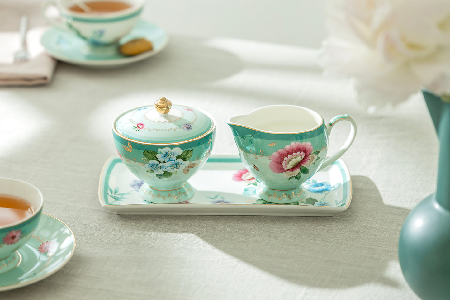 Mint Flower Garden Fine Porcelain Sugar Creamer & Serving Tray Set