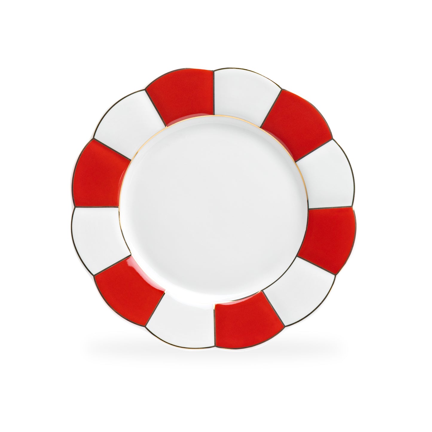 Red and White Scallop Fine Porcelain Dessert Plate