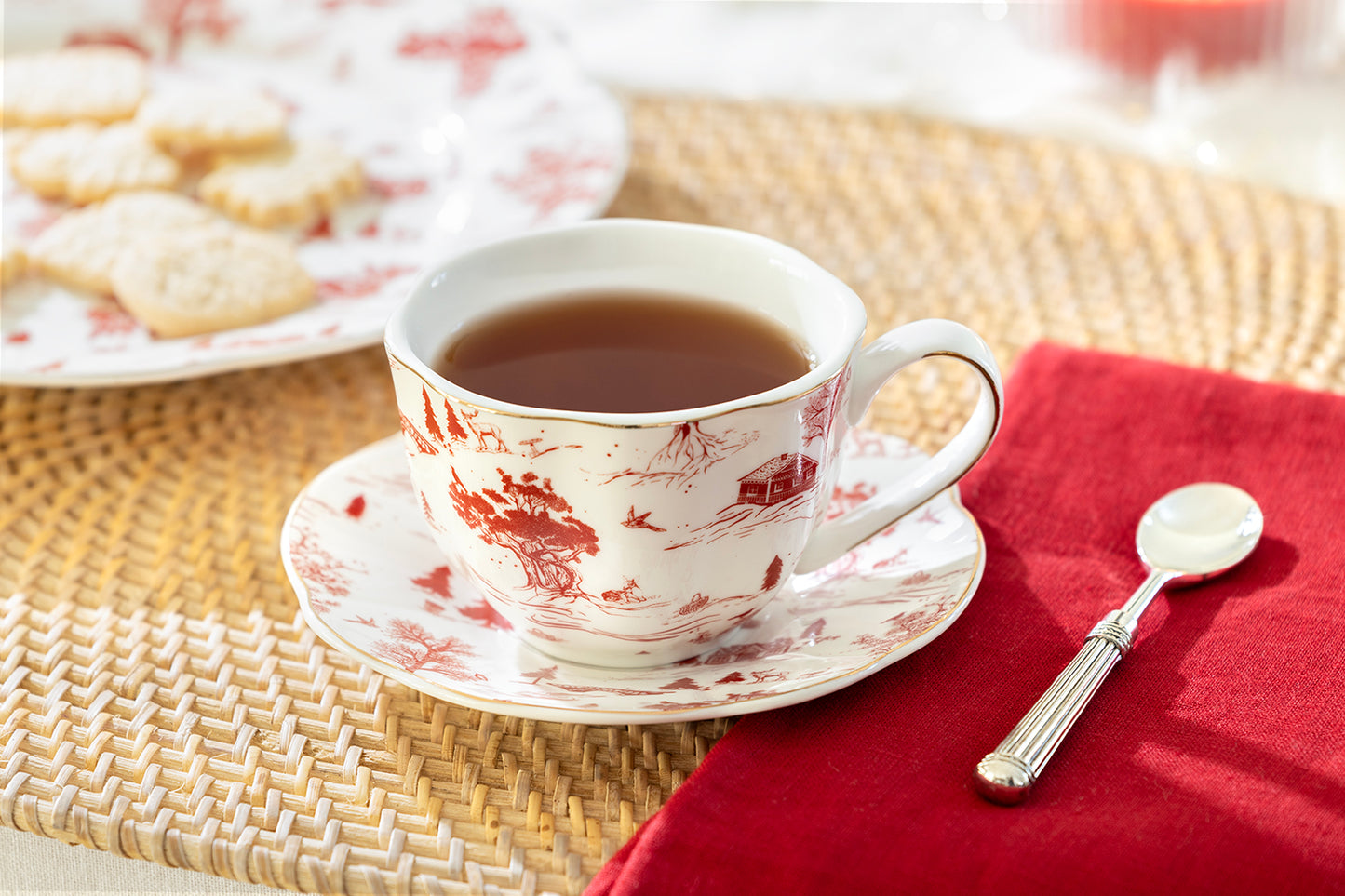 Red Village Fine Porcelain Tea Cup and Saucer
