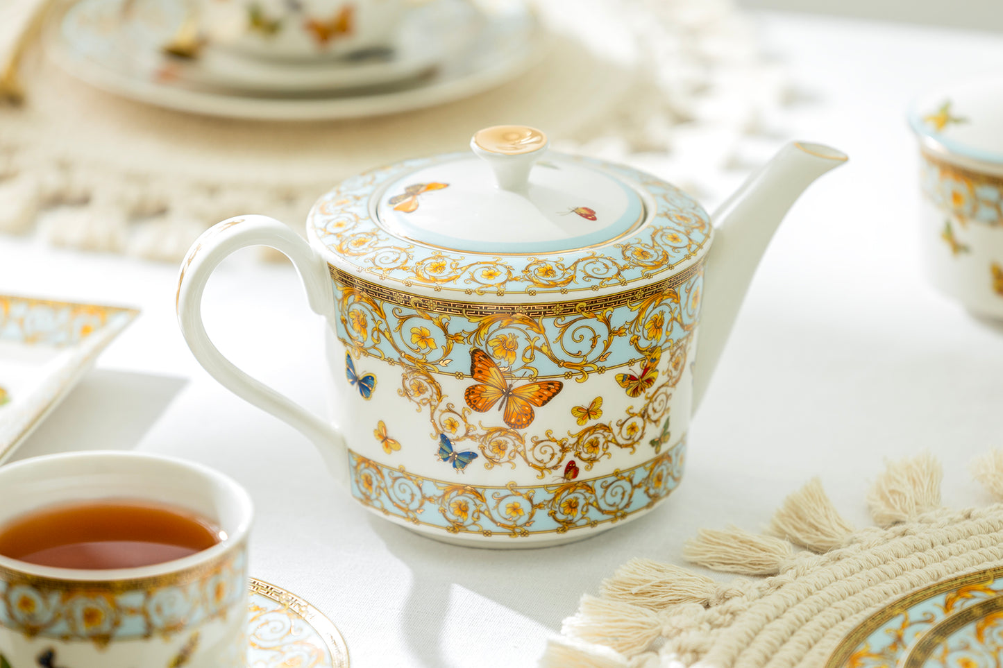 Butterflies with Blue Ornament Fine Porcelain Teapot