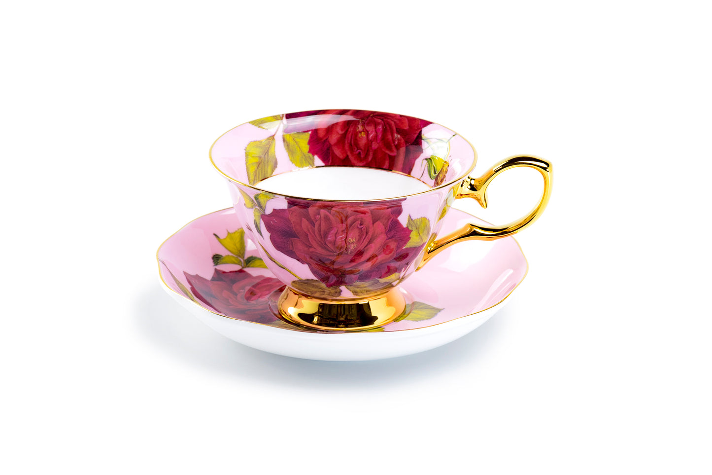 Gold Pink Stem Rose Bone China Tea Cup and Saucer