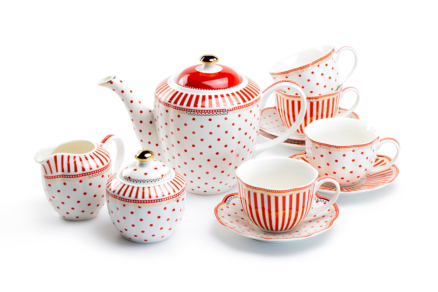Red Josephine Stripes and Dots Fine Porcelain Tea Set