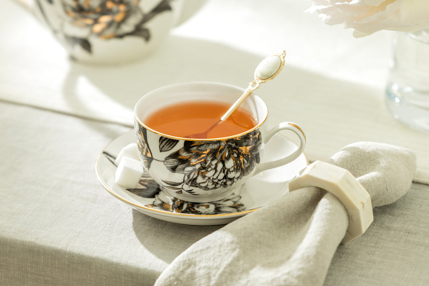 Black Gold Peony Fine Porcelain Tea Cup and Saucer