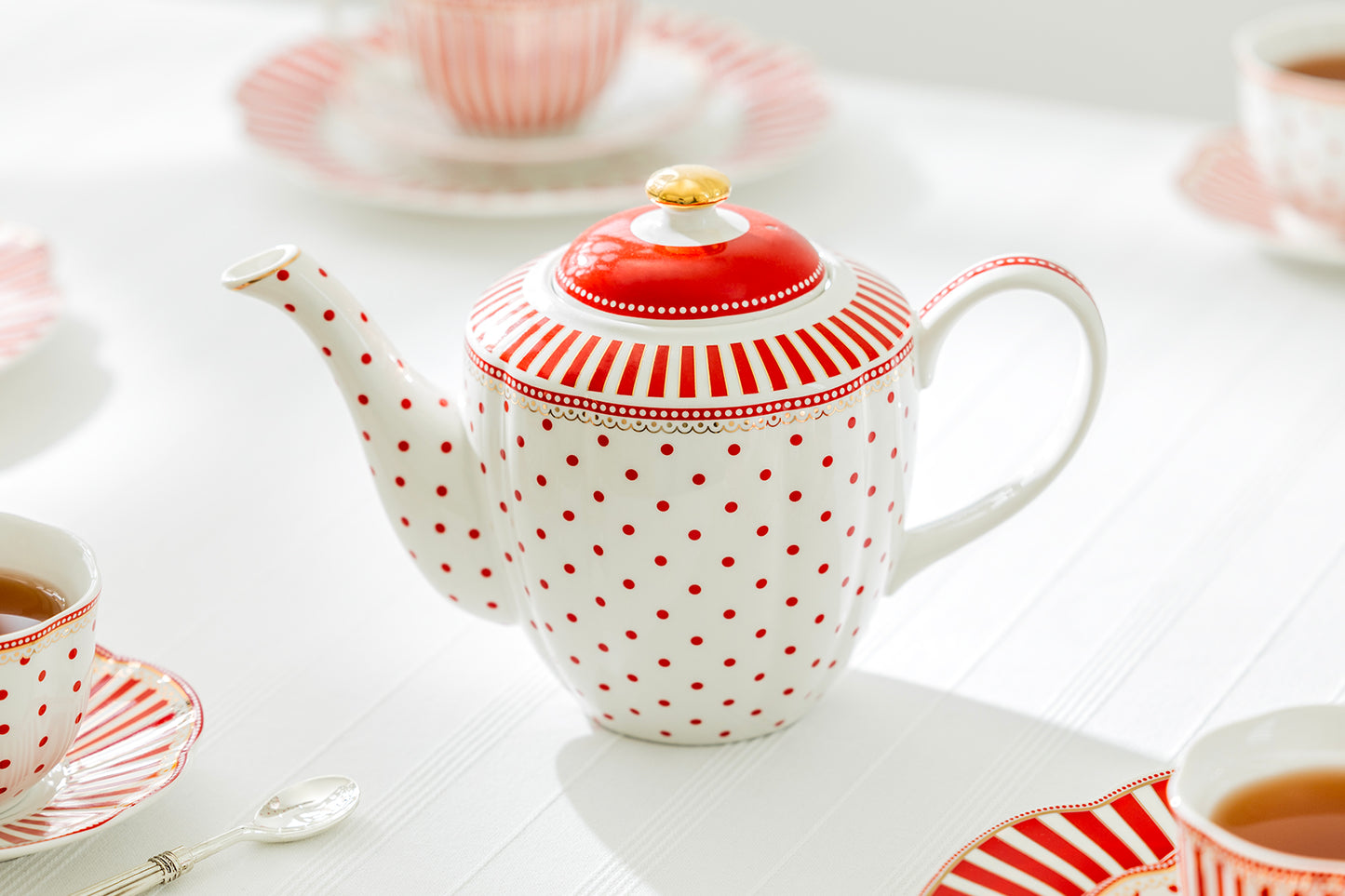 Red Josephine Stripes and Dots Fine Porcelain Teapot
