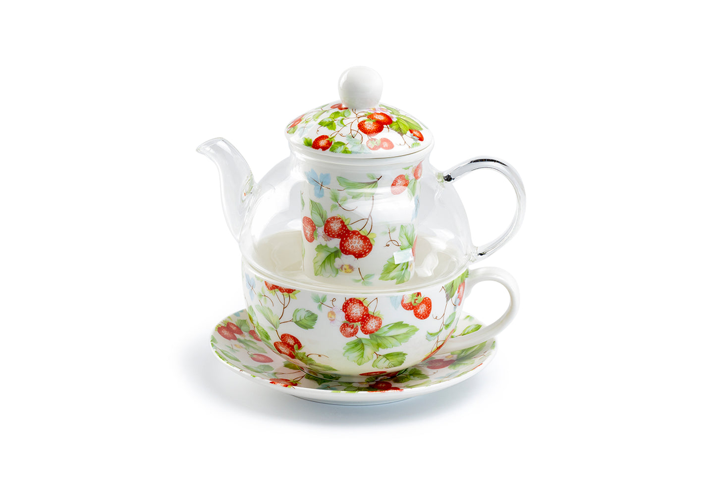 Strawberry Glass and Fine Porcelain Tea For One Set