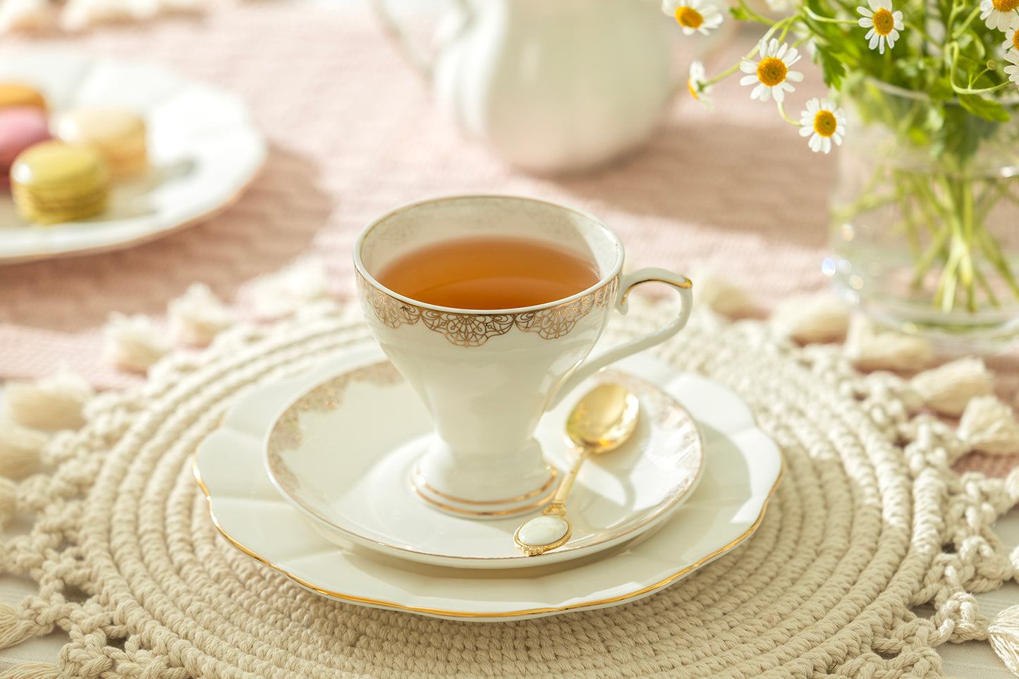 White Gold Lace Fine Porcelain Tea Cup and Saucer
