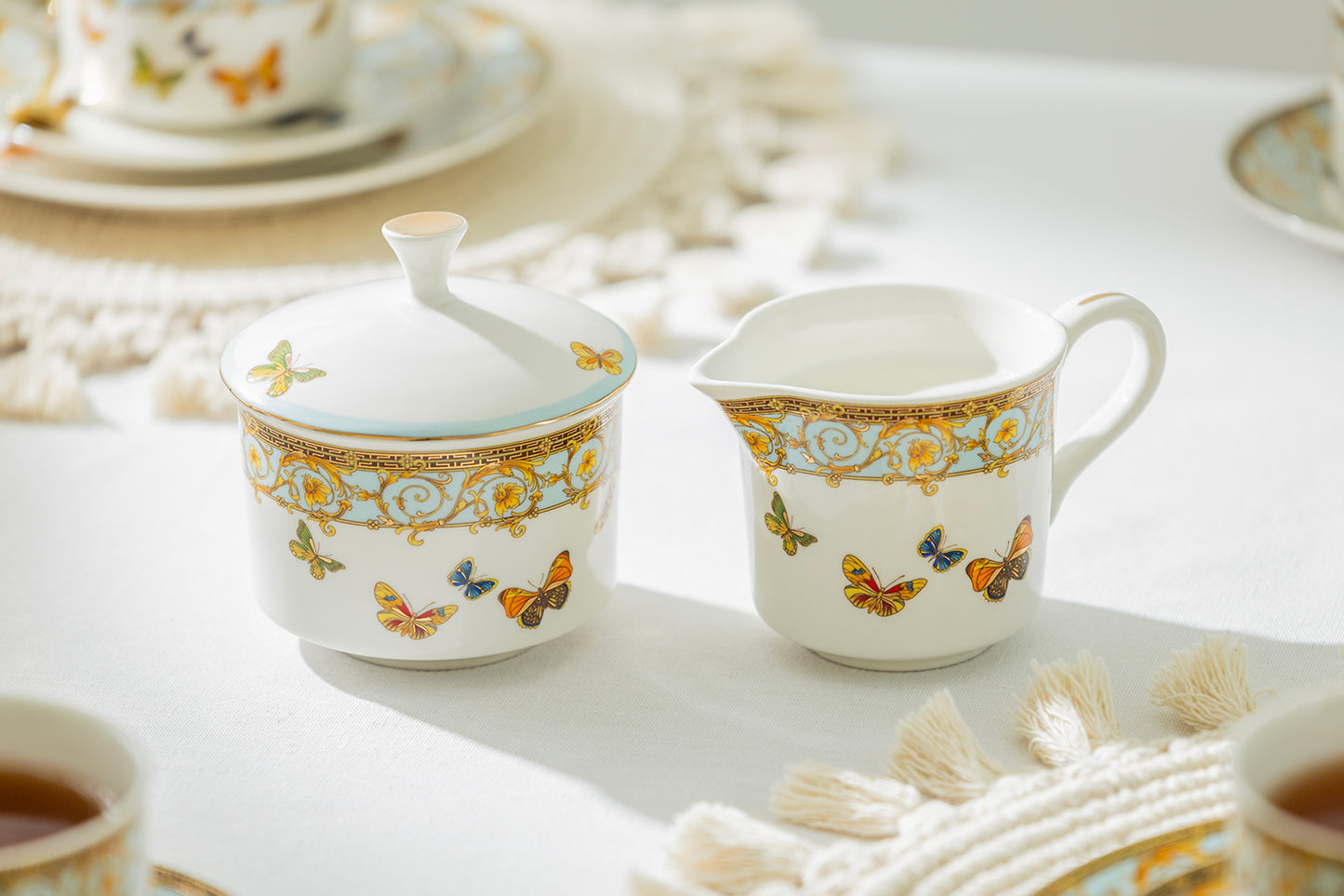Butterflies with Blue Ornament Fine Porcelain Sugar & Creamer Set