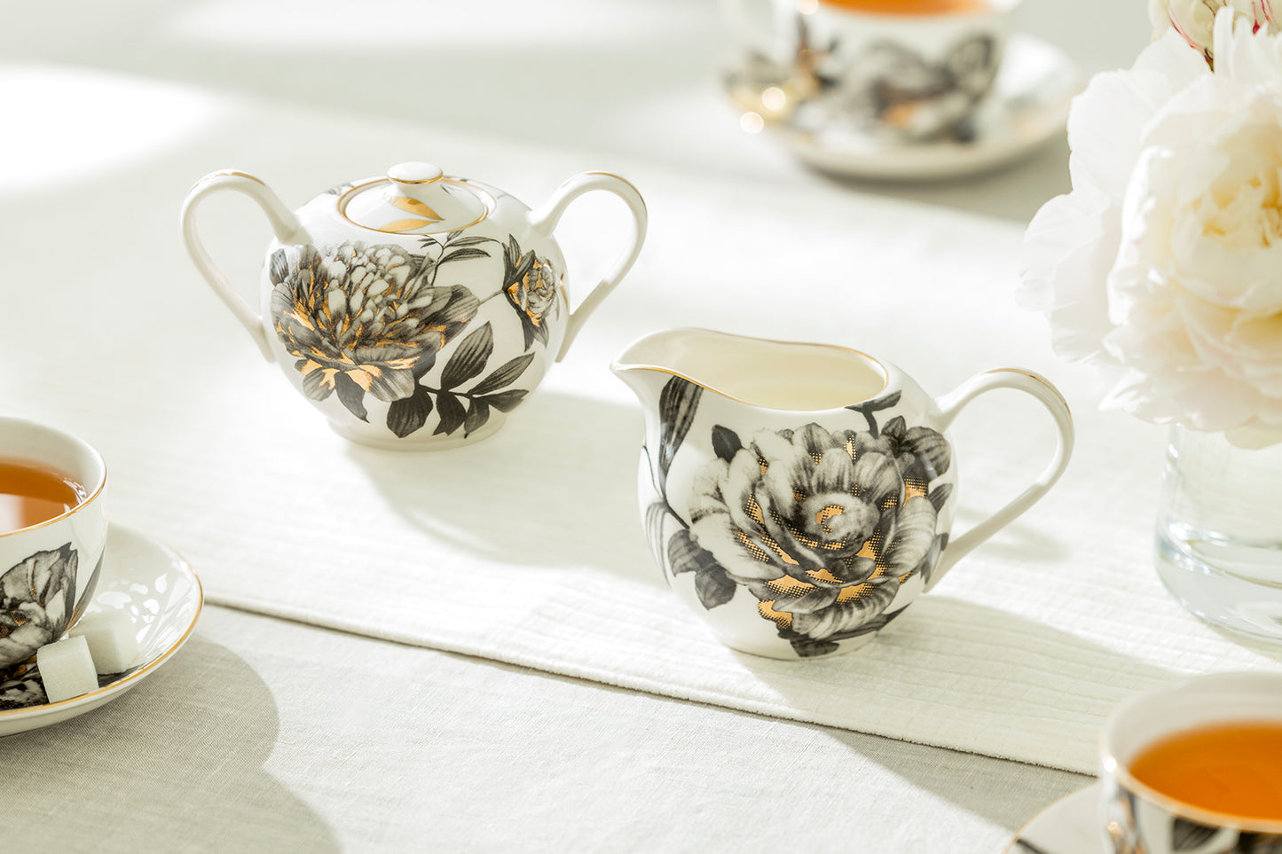 Black Gold Peony Fine Porcelain Sugar & Creamer Set