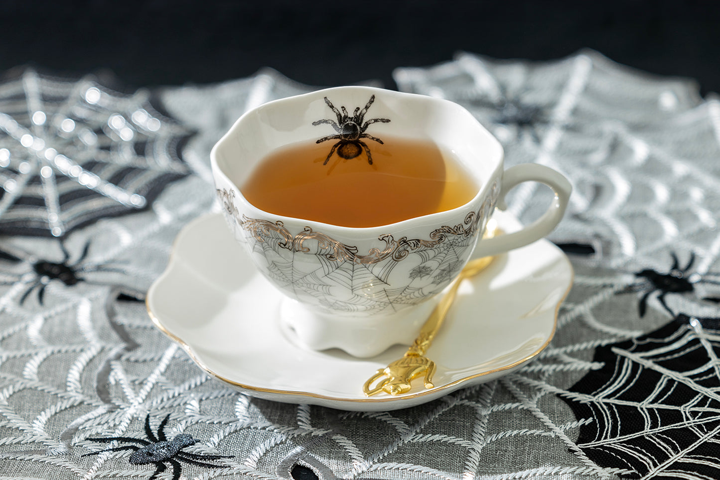 Spider Web White Gold Scallop Tea Cup and Saucer