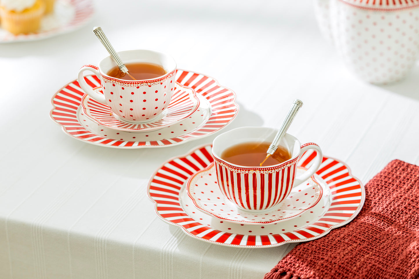 Red Josephine Stripes and Dots Fine Porcelain Tea Set