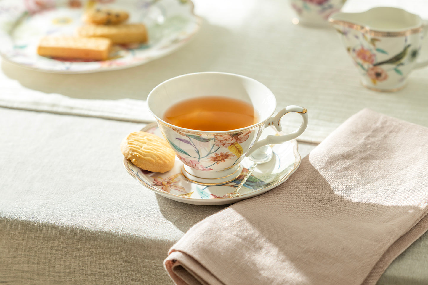 Spring Flowers with Hummingbird Fine Porcelain Fluted Tea Cup and Saucer