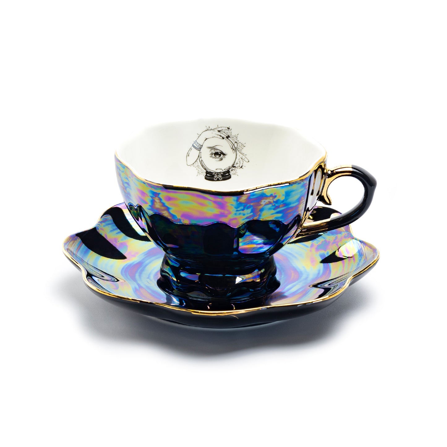 Witchy Crystal Ball Black Gold Luster Tea Cup and Saucer