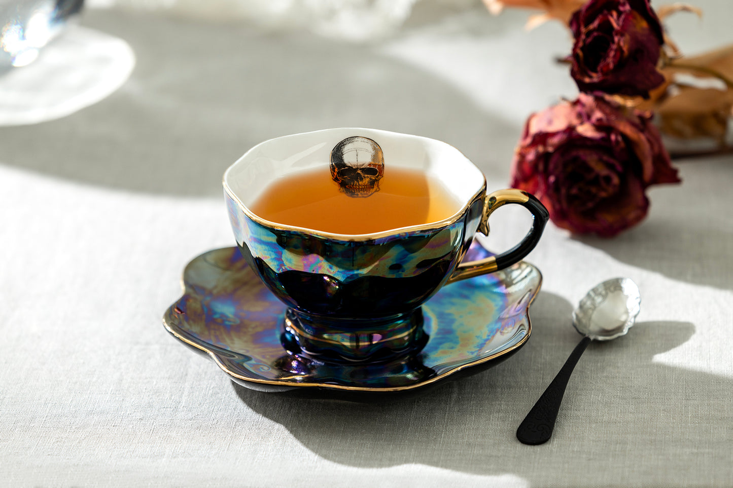 Skull Black Gold Luster Tea Cup and Saucer