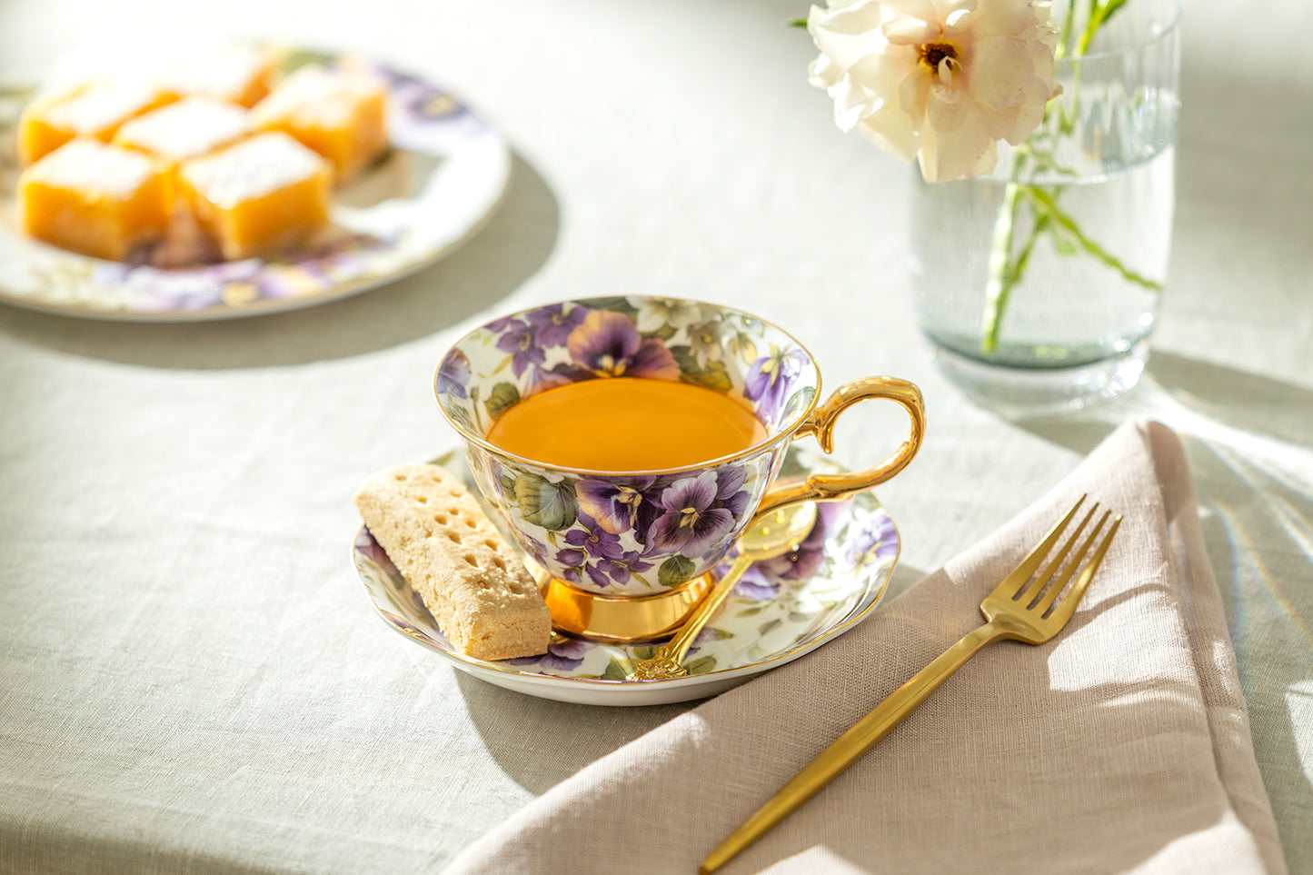 Purple Pansy Gold Bone China Tea Cup and Saucer