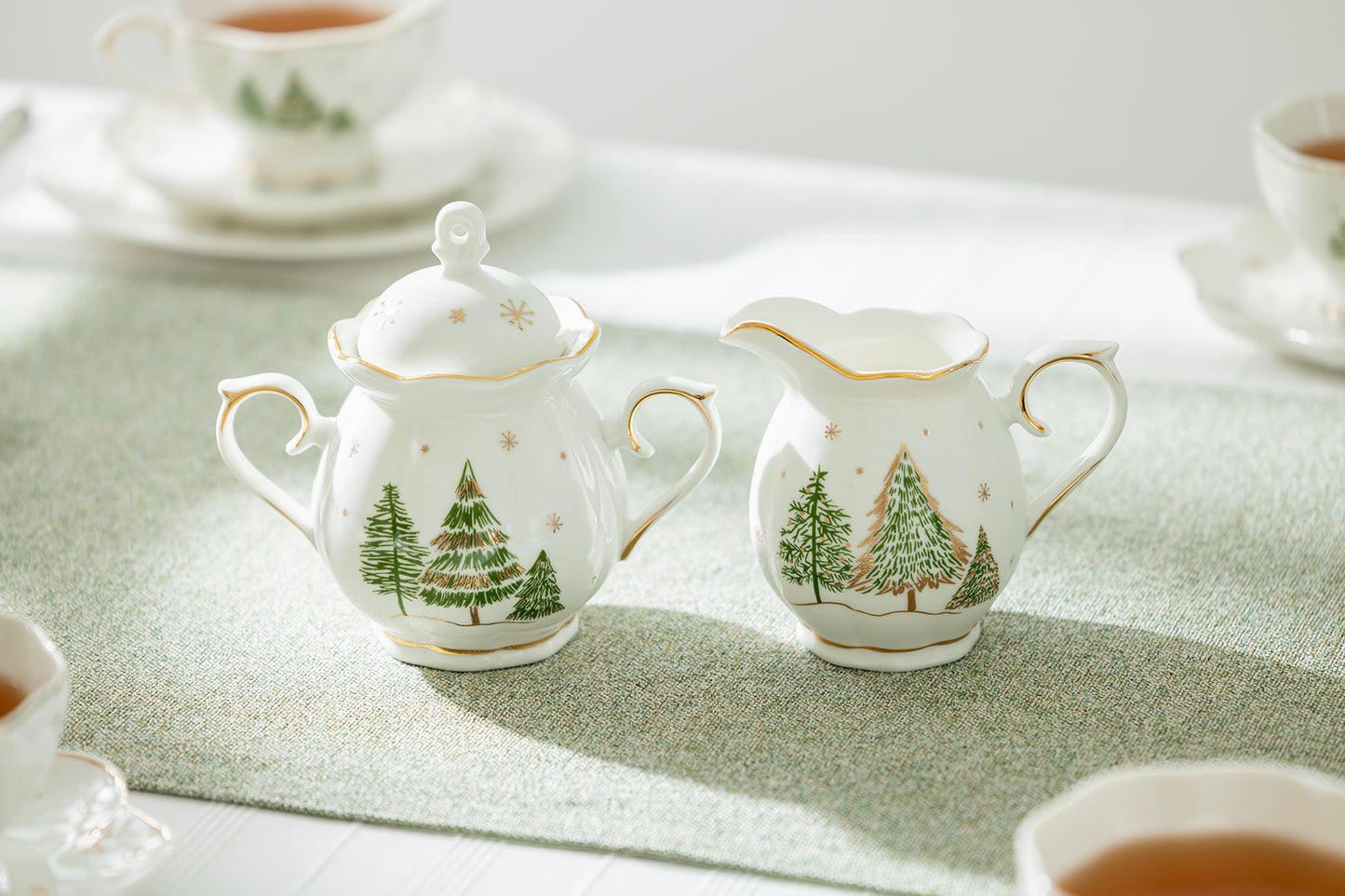 Christmas Pine Trees Fine Porcelain Sugar & Creamer Set