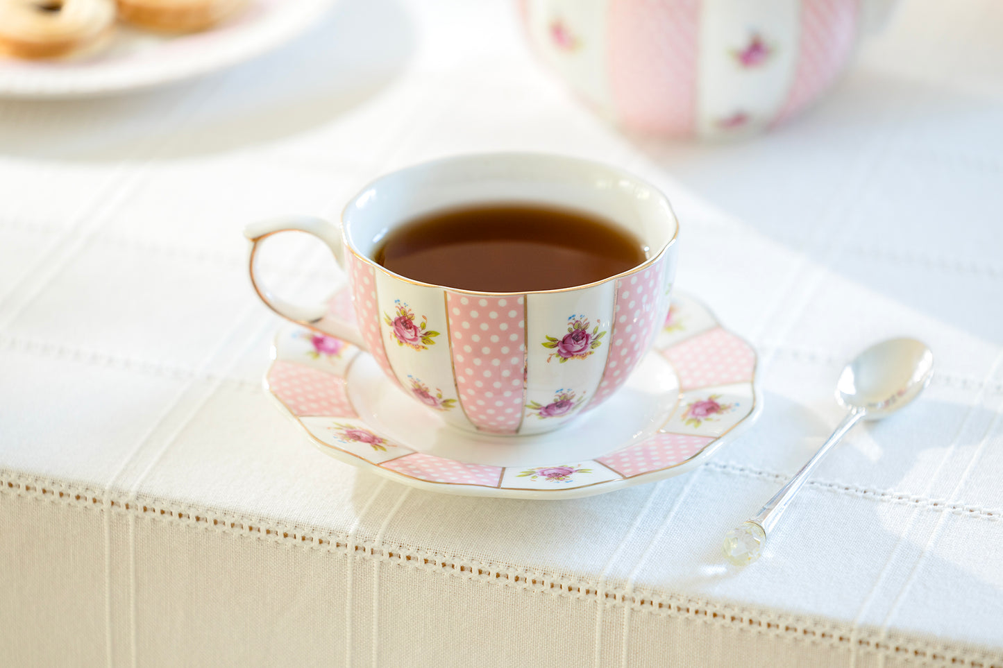 Pink Polka Dot Rosebud Scallop Fine Porcelain Tea Set