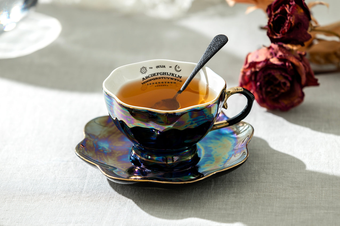 Ouija Board Black Gold Luster Tea Cup and Saucer