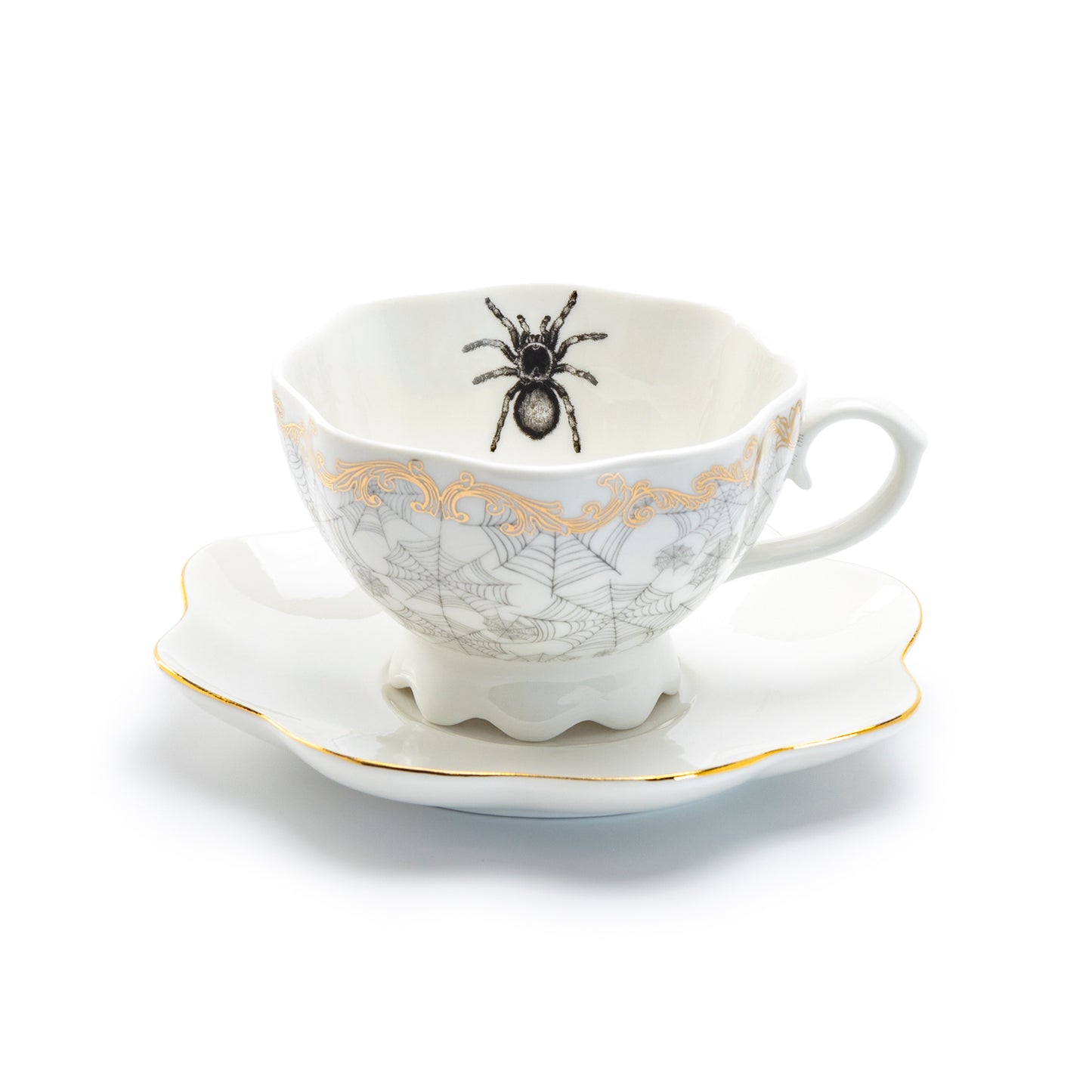 Spider Web White Gold Scallop Tea Cup and Saucer