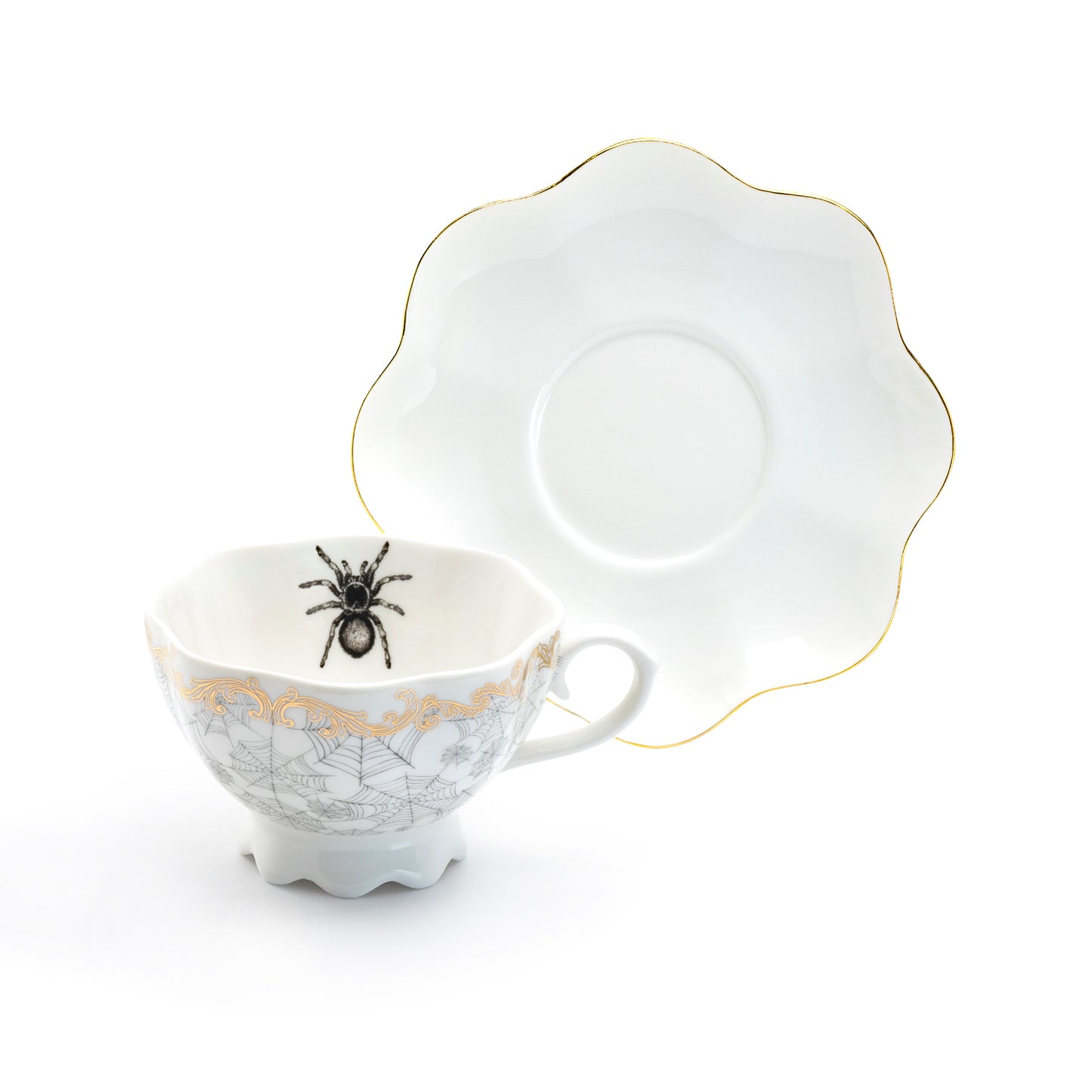 Spider Web White Gold Scallop Tea Cup and Saucer