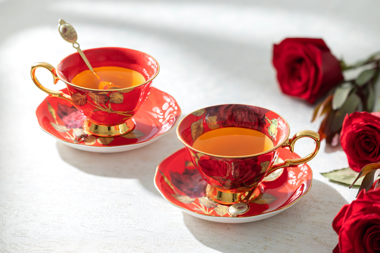 Gold Red Stem Rose Bone China Tea Cup and Saucer